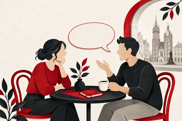 二人でポーランド語の会話を練習する切り絵イラスト