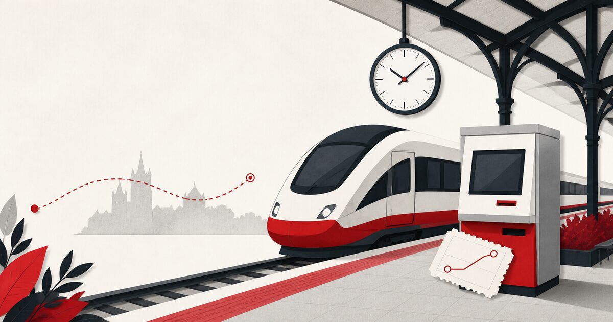 ポーランドの駅で列車と券売機を使う旅行ガイドのイラスト