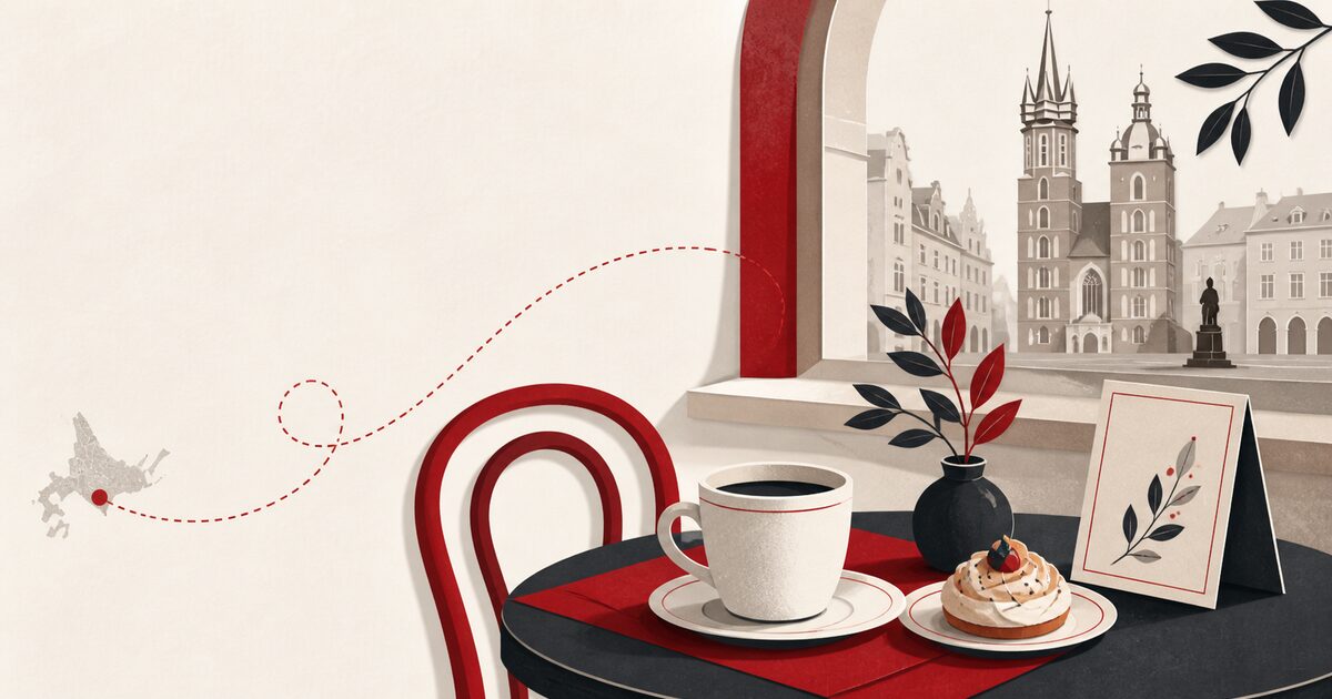 クラクフ旧市街を望むカフェのコーヒーと焼き菓子のイラスト