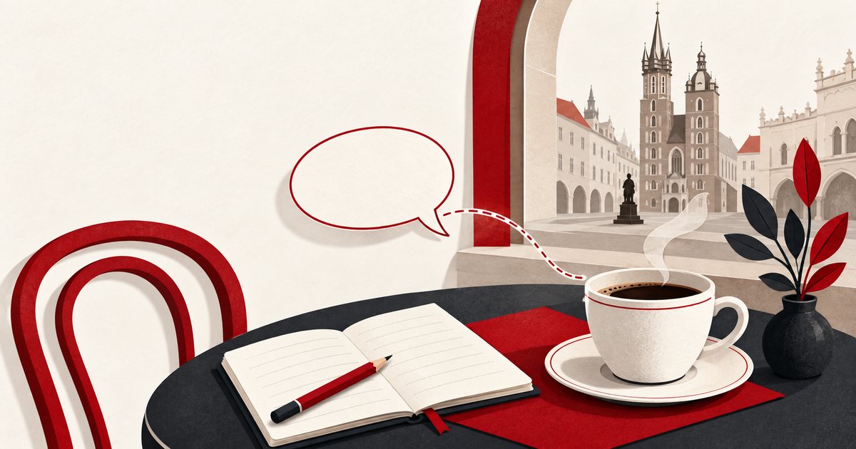 コーヒーと学習ノートを置いたポーランドのカフェの切り絵イラスト