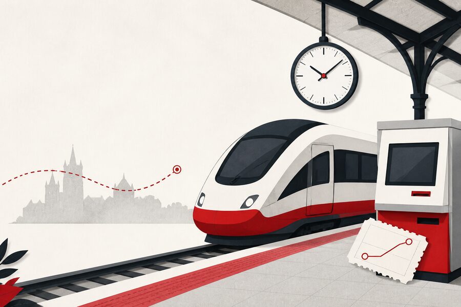 ポーランドの駅に停車する列車と券売機を描いた鉄道旅行のイラスト