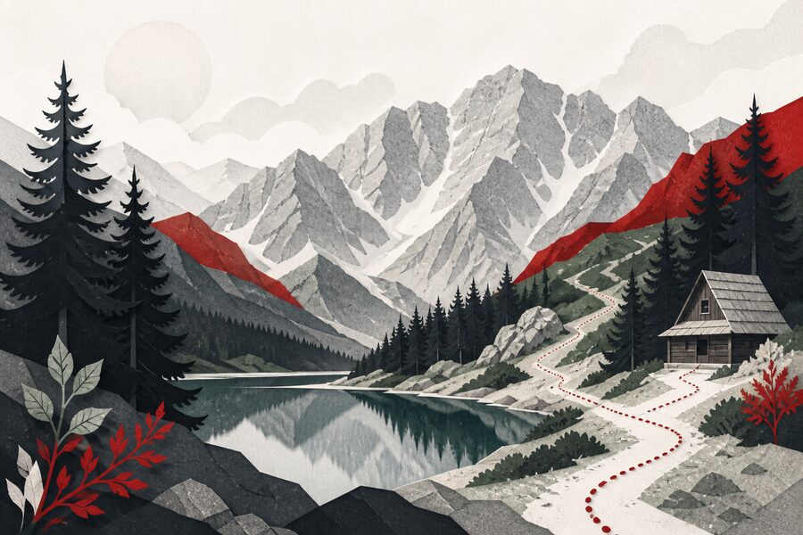 湖と登山道からタトラ山脈の岩峰を望むザコパネ周辺のイラスト